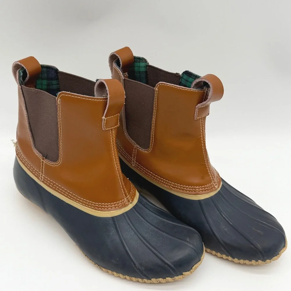 Lands End Womens Chelsea Duck Boots Brown Navy Plaid Lined 512648 Size 9 B